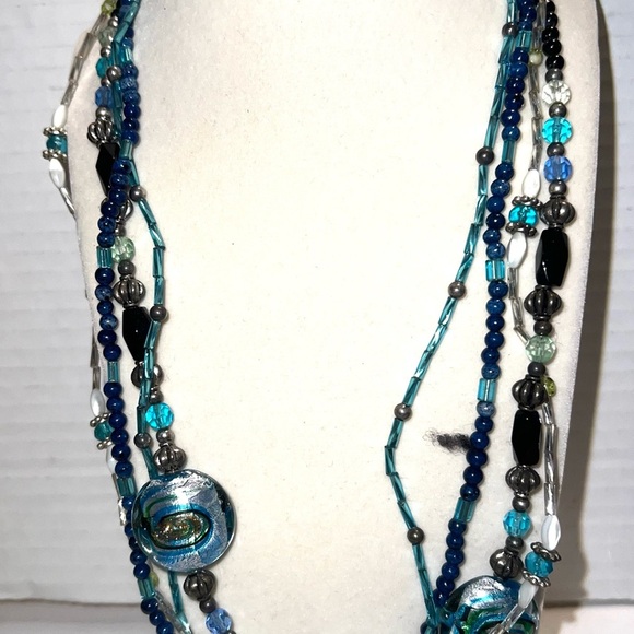 Multi Strand Beaded Necklace Blue Teal Silver Tone Large‎ Statement Pendant - Picture 2 of 4